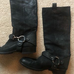 Comfortable women’s black tall boots with silver buckles. Made in Italy.